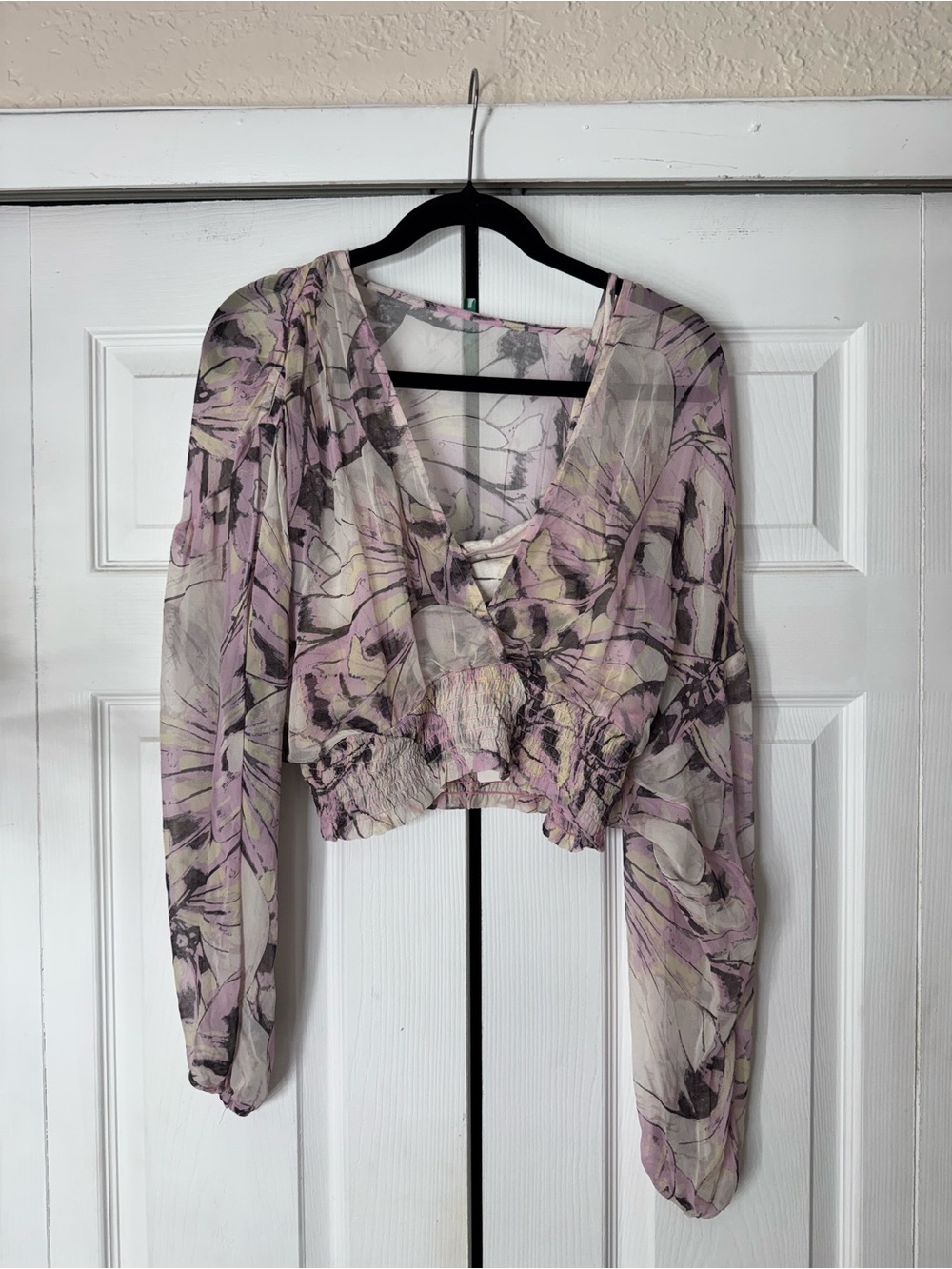 Anthropologie Lavender Cream Sheer Cropped Blouse